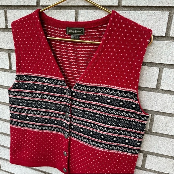 Vintage Eddie Bauer Women's Nordic Fair Isle Sweater Vest Lambswool Red Gray - Picture 4 of 10
